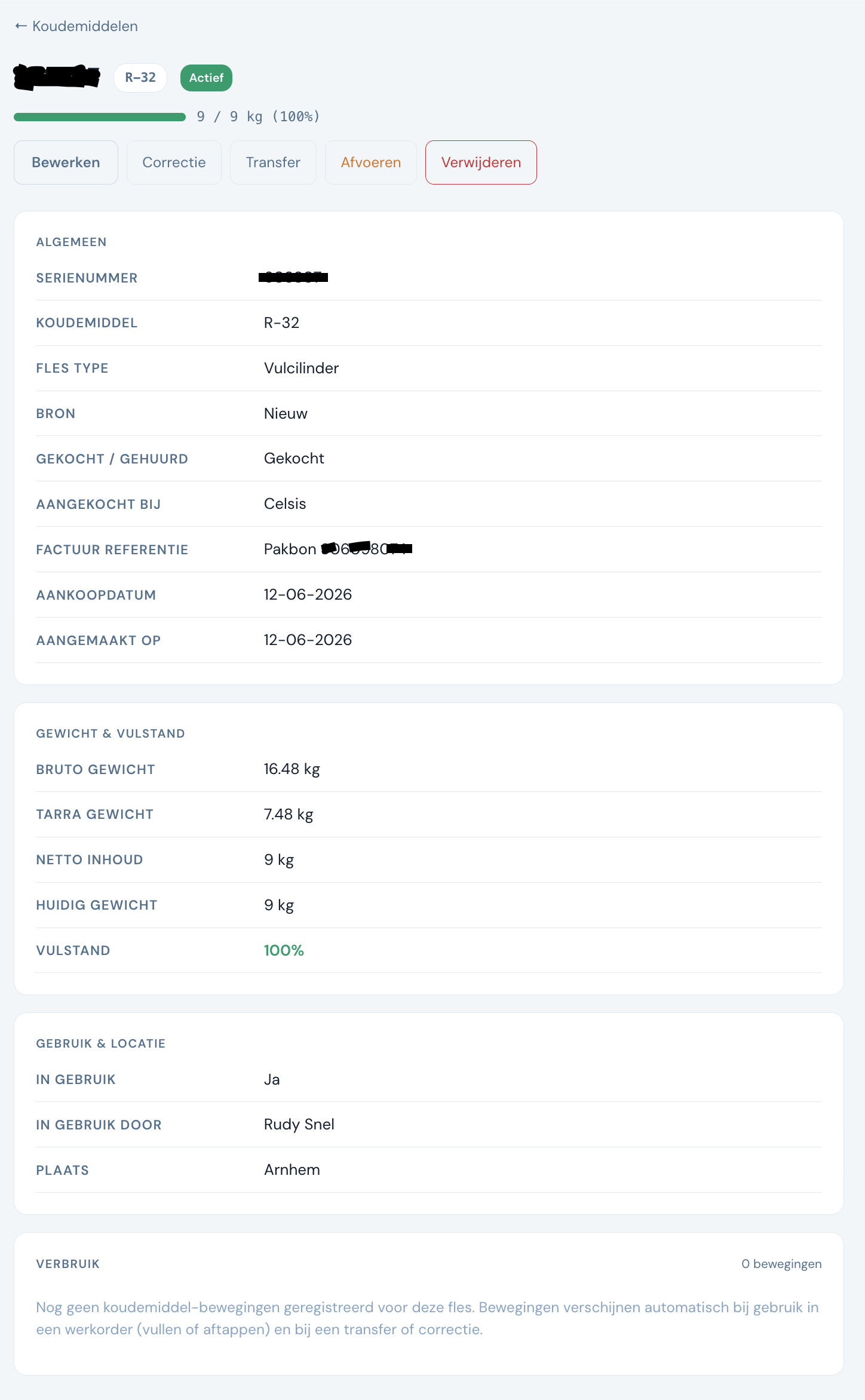 Flesregistratie in Snellio: een vulcilinder R-32 met serienummer, bruto-, tarra- en nettogewicht, huidig gewicht, vulstand en de koudemiddelbewegingen per werkorder