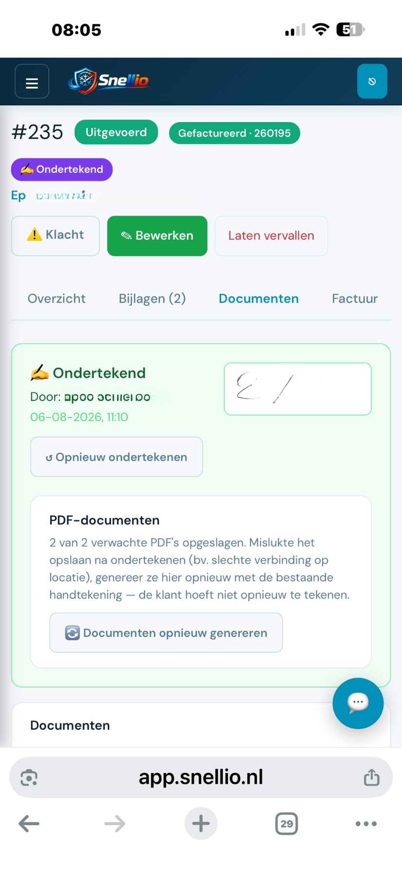 Getekende werkbon in Snellio met kosten van de klus in de opmerkingen